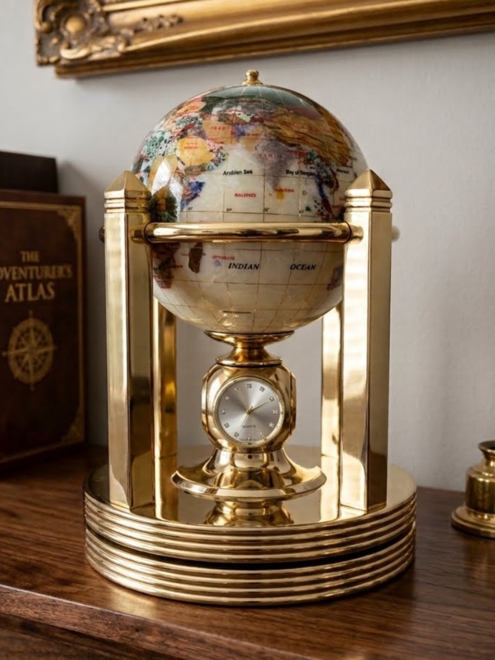 Kalifano Gemstone Globe Decor 
24k gold plated
3 Clocks
Thermometer